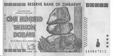Strotrilionová bankovka Zimbabwe z r. 2008.