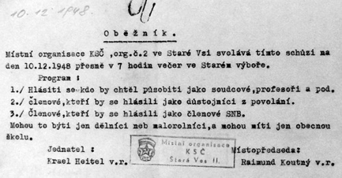 Komunistický oběžník, Stará Ves, 10. 12. 1948